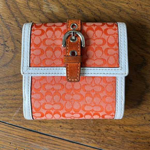 Coach Handbags - Coach orange 🍊 white signature wallet vintage Y2K fold over leather  jacquard